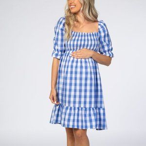 Blue Gingham Print Puff Sleeve Maternity Dress